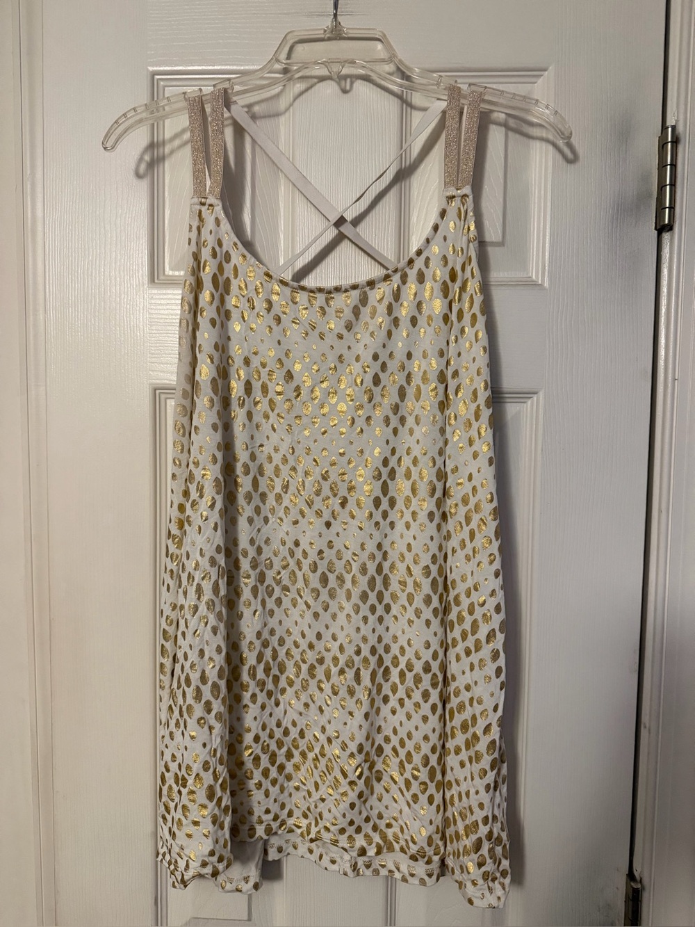 Lane Bryant White Tank with Gold Metallic Dot Print and Strappy Back